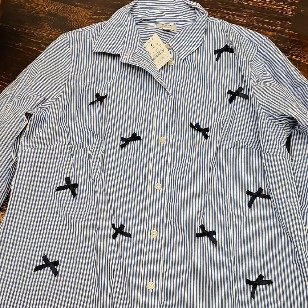 J Crew Recycled Cotton triped Blue & White Button-Up Shirt with Navy Bow Accents